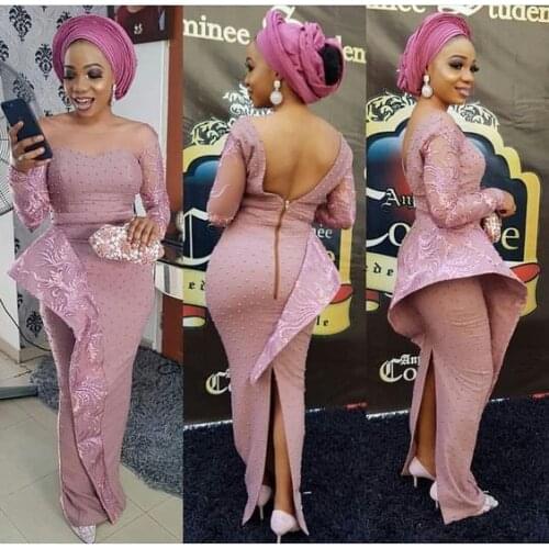 Aso Ebi Pink Prom Party Dresses Long Sleeves Sheath Floor Length Satin Beadings Appliques Scoop Neck Latest Colletion