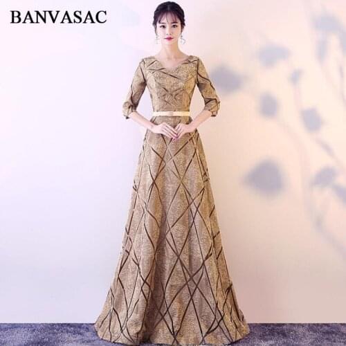BANVASAC 2018 V Neck Bow Sash A Line Long Evening Dresses Party Lace Three Quarter Sleeve Backless Prom Gowns