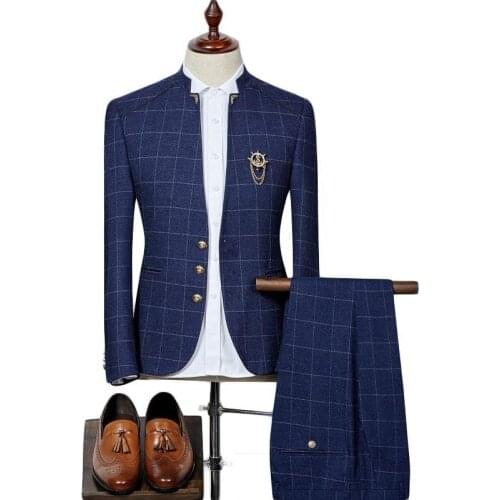 Black＆Blue Mens Plaid Suits Slim Fit Groom Wedding Suit Formal Business Wear Suits 2 Piece（Blazer+pants） Set Asian Size XXXL