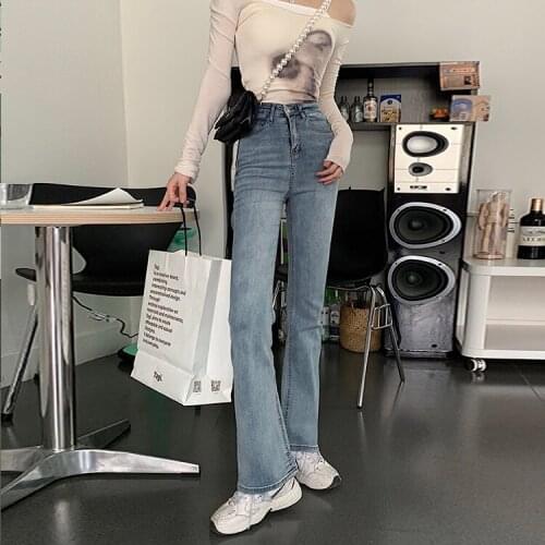 Elastic Black Blue Straight Korean Vintage Clothes WomenS High Waist Trousers Fashion Jeans Pants For Girls Streetwear 2021