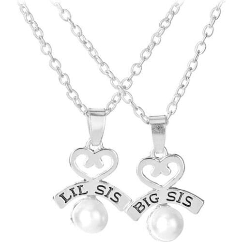 European Fashion Jewelry New Style A Pair Necklace Set LIT SIS&BIG SIS Heart Shape Pearl Drop Tassel Shape Pendant Kolye