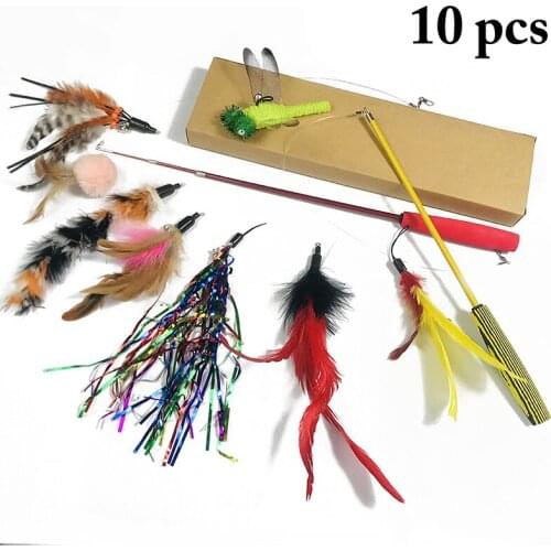 10pcs/lot Cat Toys Feather Wand Kitten Cat Teaser Turkey Feather Interactive Stick Toy Wire Chaser Wand Toy with Replacement