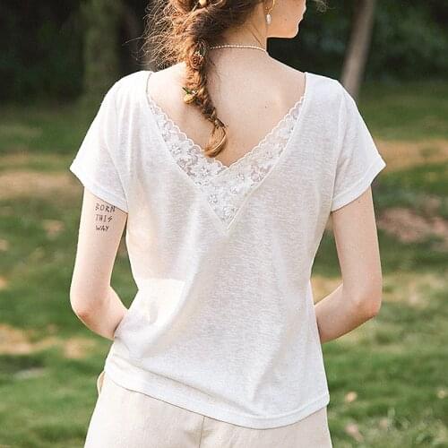Lace Backless Tee Shirt 2021 Women Summer Clothing Short Sleeve V Neck Sexy Elegant T-shirt T Shirt Femme Fashion Tshirt Top