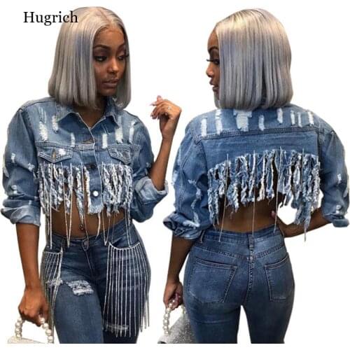 Fashion Streetwear Women Jackets Long Sleeve Denim Coat Female Outerwear Crop Tops Tassel Hole Women Coats Short Jackets