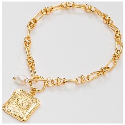 Jaeeyin 2021 New Arrivals OT Buckle Baroque Freshwater Pearl Vintage Square Sun Coin Trendy Bracelet Gift For Girlfriend Women