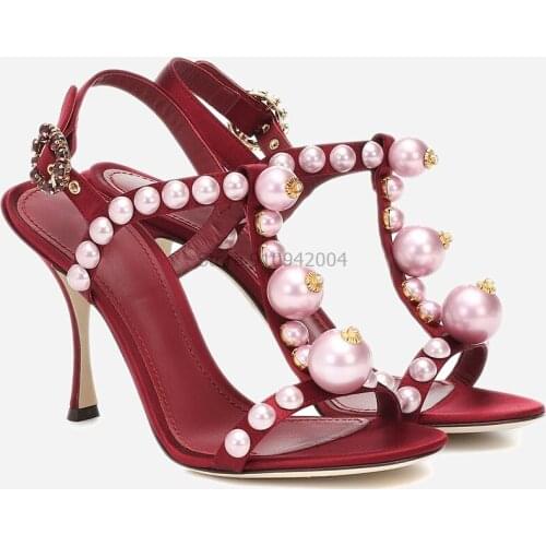New Woman Sandal Pearl Peep Toe Summer Sandals T Strap High Heels Wedding Party shoes