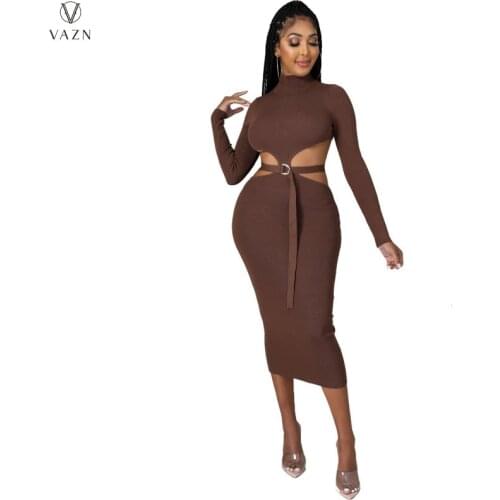 VAZN 2021 Autumn Hollow out Solid Sexy Night Club Young Open Full Sleeve Long Dress Free High Waist Thin Midi Women Dress