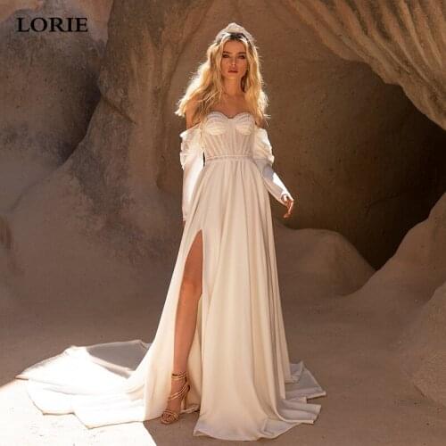 LORIE Sweetheart Ivory Beach Wedding Dresses Soft Satin Long Sleeve Bride Dresses Side Split Wedding Gown Vestido de novia