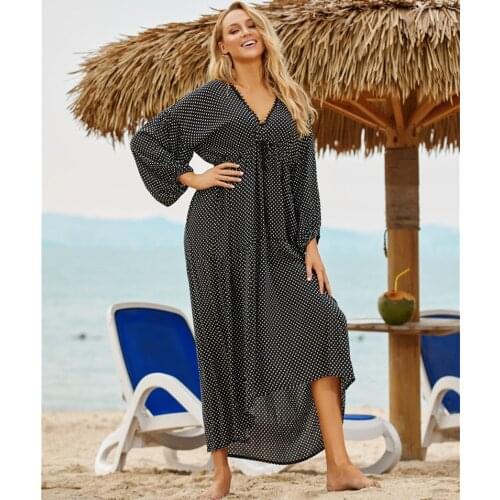 Black Polka Dots Loose Bikini Cover Up Women Summer Beach Dress Plus Size Cotton Tunic Women Beachwear Bathing Suit Cover Up