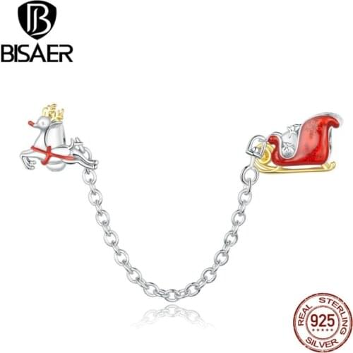 BISAER Gift Car Safety Chain 925 Sterling Silver Christmas Beads DIY Bracelet Necklace For Women Lovely Jewelry Gift ECC1667