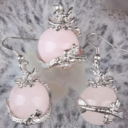 16MM Natural Rose Crystal Quartz Round Bead Inlaid Dragon Pendant & Earrings 1 Set