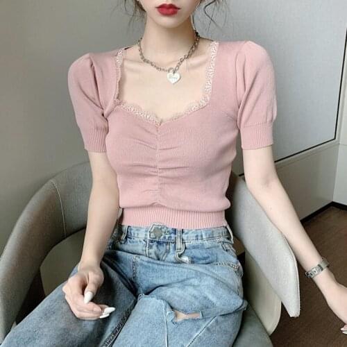 Stitching Lace Female Super Fire Bubble Sleeve Short Knit One Size 2020