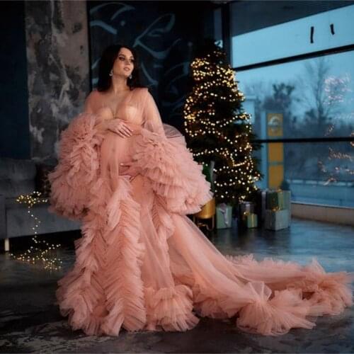 Pink Puffy Maternity Dress for Photo Shoot Props Luxury Ruffles Maternity Photography Gown Costume Prom Dresses Bathrobe