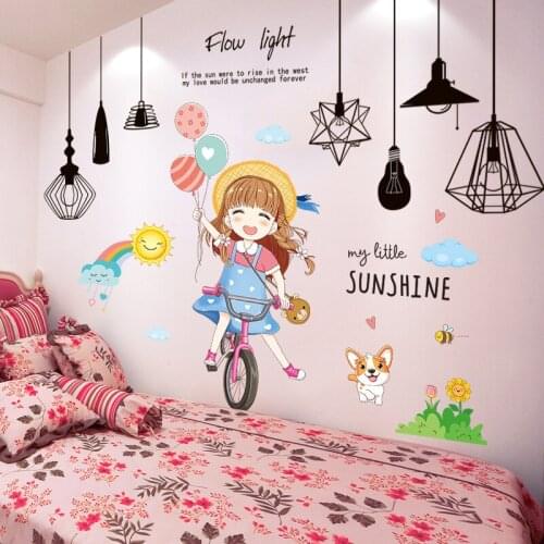 [shijuekongjian] Girl Bicycle Wall Stickers DIY Chandelier Lights Wall Decals for Kids Rooms Children Nursery Home Decoration