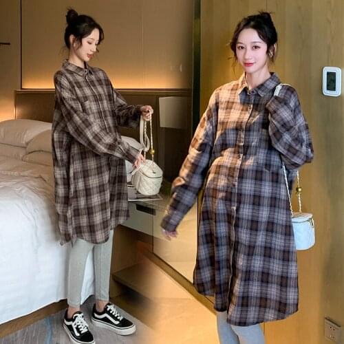 6229# Maternity Tops Spring Autumn Turn Down Collar Long Sleeves Plaid Loose Stylish Tops Pregnant Women Blouse
