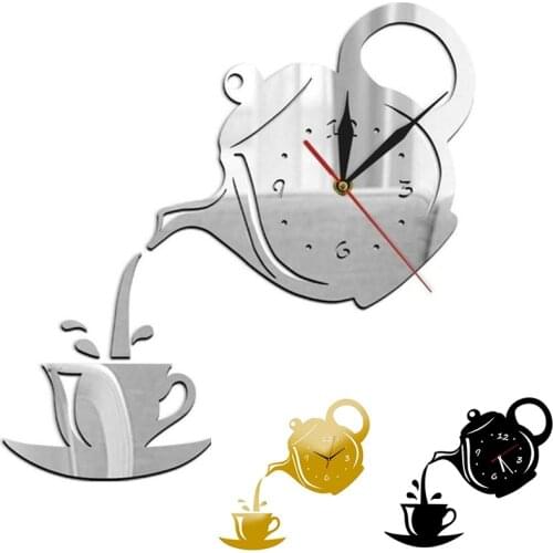 3d Mirror Acrylic Mirror Wall Sticker Clock Creative Modern Coffee Cup Teapot Clock Quartz Movement Stickers Decal Home Decor