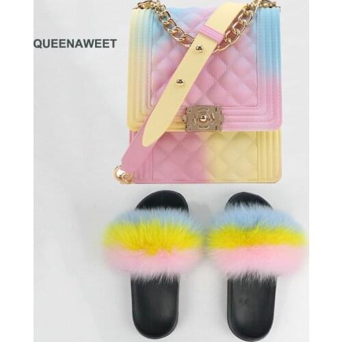 Womans Candy Crossbody Purse Womens Fox Fur Slides Rainbow Colorful Jelly Shoulder Bag Shoes Sets Female Fluffy Furry Slippers