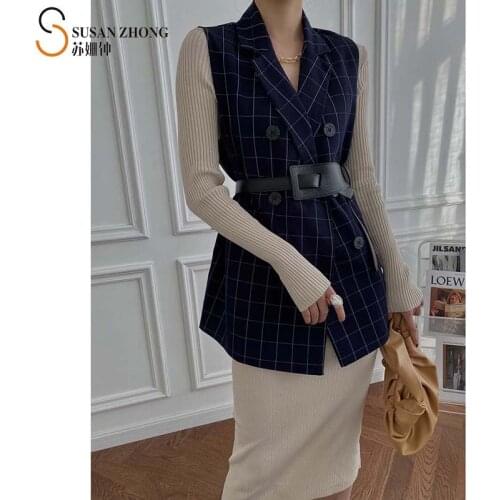 Women Vest Suit Female Waistcoat 2021 Spring New Elegant Romantic Loose Mid-Long Straight Check Notched Collar Buttons Pocket BF