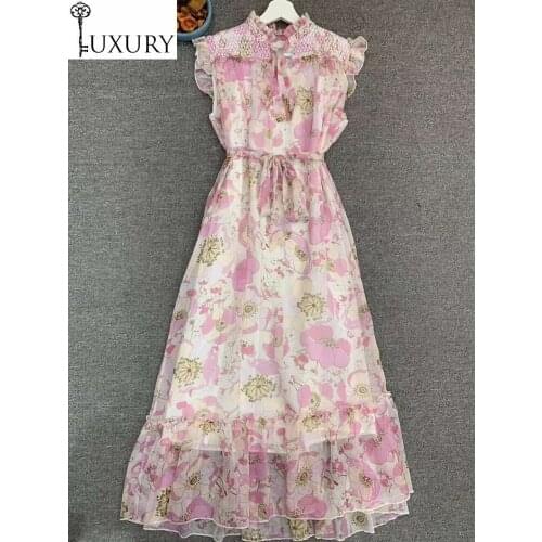 2020 Bohemian Beach New Summer Casual Ladies Pink Flower Print Color Block Stitching Sleeveless Mid-Calf Length Dress Sun