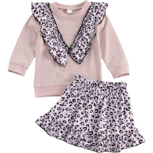 2021 Infant Clothing Leopard Ruffle Kid Long Sleeve Round Neck Pullover Skirt 2 Pcs Outfits Toddler Girl Clothes