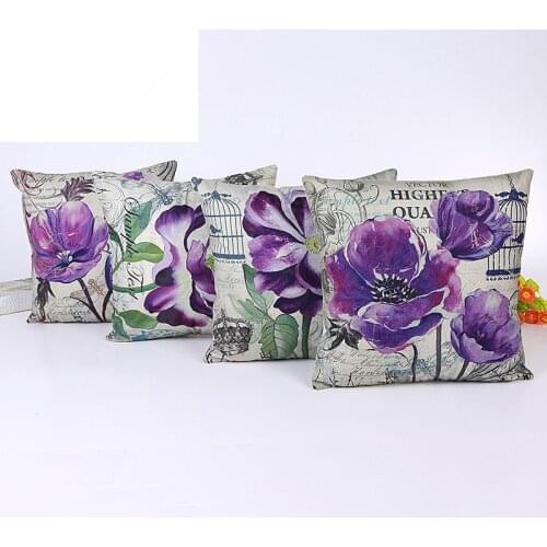 45x45cm vintage purple flowers printed cushion cover linen lumbar pillow case sofa decorative pillow cover household