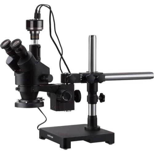 AmScope 3.5X-45X Black Trinocular Stereo Zoom Microscope on Single Arm Boom Stand + Fluorescent Ring Light + HD Recording Camera