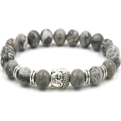 8MM Gray Stripe Stone Mala Bracelet Gemstone 7.5 inches Lucky Wrist Chakas Stretchy Buddhism Unisex Meditation Spirituality