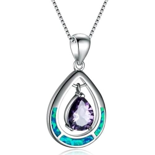 New Women Necklace Elegant Teardrop Purple Crystal Blue Fire Opal Alloy Pendant Chain On The Neck Jewelry Accessories