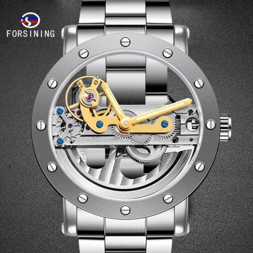 FORSINING Mens Watch Hollow Simple Design Watch Automatic Mechanical Self-Wind Clock Sport Casual Business Wristwatches