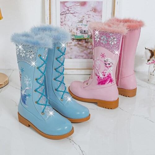 Disney childrens cartoon frozen princess girl plus velvet thick crystal sequin high boots cotton boots high heel leather boots