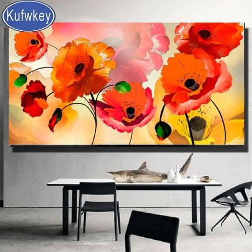 Full Square Round Diy Diamond Painting Abstract Red Poppies 5D Diamond Embroidery Flower Home Decor Diamond Art P213