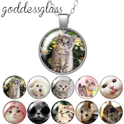 Cute Cats Lovely cat pet pendant Round Glass glass cabochon silver plated/Crystal pendant necklace jewelry for Gift