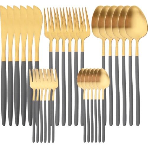 30Pcs Knife Cake Fork Tea Spoon Tableware 304 Stainless Steel Cutlery Set Matte Gold Dinnerware Set Kitchen Flatware Silverware