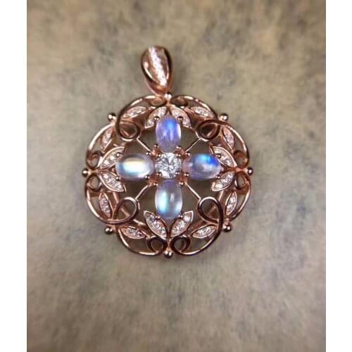Natural blue moonstone Pendant natural gemstone round wheel Clover pendant necklace 925 sterling silver women party jewelery