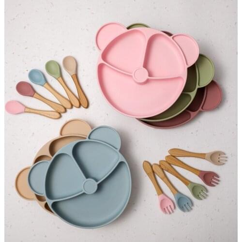 Food Grade Baby Silicone Dining Plate Cute Cartoon Bear Shape With Spoon Fork Feeding Food Tableware Anti-hot Kids Eating Bowls