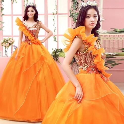 100% real orange ruffled sequins medieval dress sissi princess Medieval Renaissance Gown queen Cospaly Victoria Belle ball gown