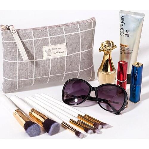 Portable Large Lattice Canvas Cosmetic Bag Travel Female Zipper Makeup Pouchs Organizer Wash Beauty Clutch