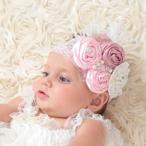 Baby Girl Vintage Flower Headbands Newborn Photo Show Hair Bands with Feather Pears Lace Toddler Hair Clips Infant Turban