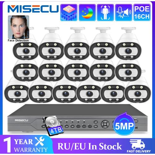 MISECU Ai Smart 5MP System 16CH POE CCTV Security NVR Kit Human/Face Detect Two Way Audio Outdoor IP Camera Surveillance System