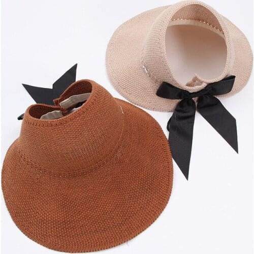 Knitted Empty Top Hat Summer Sun Block Hat Portable Sun Block Wide Brim Hat Creative Bowknot Sunscreen Straw Hat for Beach