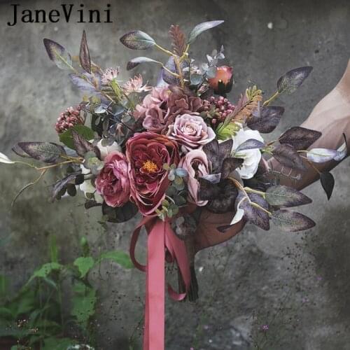 JaneVini Retro Forest Bride Wedding Bouquet Artificial fleur rose Peonies Bridal Holding Flowers Autumn Silk Wedding Bouquets