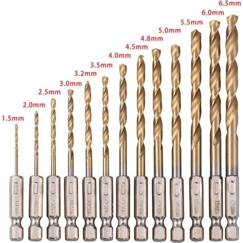 HOEN Drill Bits13pc 1.5-6.5mm Hexagonal Screw Drills Power Tools Woodworking Tools High Speed Steel 1/4" Hex Shank Drill Bit Set