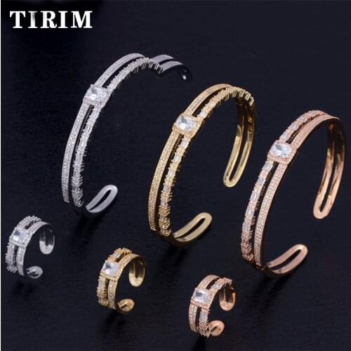 TIRIM Luxury Fashion Micro Paved Baguette Cubic Zircon Crystal Adjustable Bangle Ring Sets For Women Wedding Party Dubai Jewelry