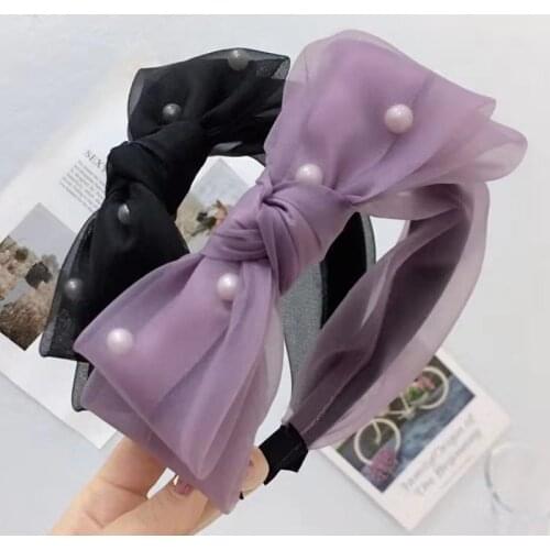 Gorgeous Silk Big Bow with Pearl Hairband for Girls/Women Simple Solid Mesh Lace Multi-layer Wide-edged Headband for Party