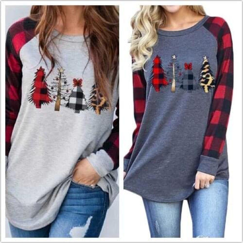 Woman Tshirts 2021 New Fashion Stitching Lattice long-sleeved Round Collar T-shirt Sleeves Christmas Tree t-shirt LBD1237