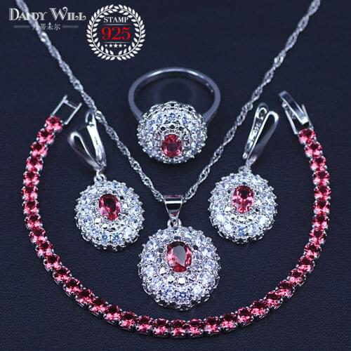 Jewelry Set For Women Silver Color Bracelet/Rings/Earrings/Necklace/Pendant Rose Red Zircon Stone White Zircon set