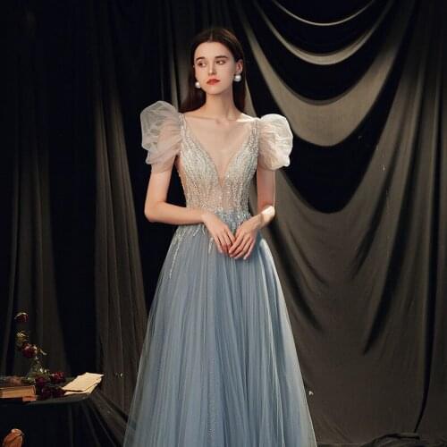 Sexy Deep V-Neck Sequins Applique Puff Sleeve Evening Dress Women Back Zipper Formal Gowns Robe De Soiree Cheongsam 3XL