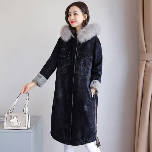 Winter Cotton Coat Women Boyfriend Style Thicken Warm Loose Lambswool Denim Jacket Fashion Hooded Long Sleeve Outerwear S-3XL