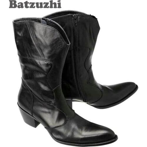Batzuzhi Black Fashion Vintage Man Boots Pointed Toe Fashion Male Boots Increased High Heels Horsehair Genuine Leather Boots Men