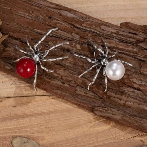 TDQUEEN Insect Brooch Spider Vintage Metal Large Round Pearl Ball Stomach Red and White Pins and Brooches